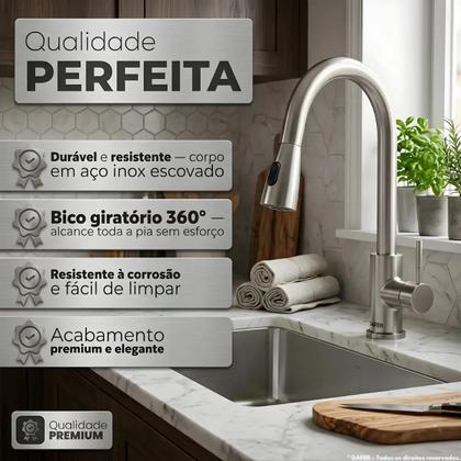 Imagem de Torneira Cozinha Monocomando Pia Torneira Gourmet Misturador Bancada Extensível Aço Inox 201 Escovad