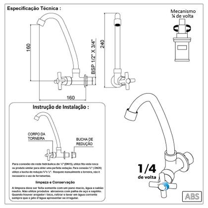 Imagem de Torneira Cozinha Parede Bica Móvel ABS Cromado Arejador Econômica