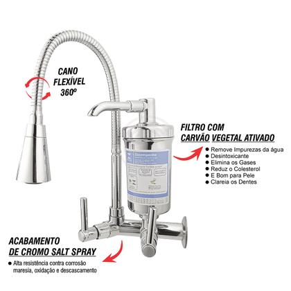 Imagem de Torneira Cozinha Parede Com Filtro Gourmet Flexível Cromada Dupla Função Pia 1/4 de Volta
