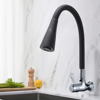Imagem de Torneira Cozinha Parede Preta Flexível Duplo Jato Cone 1/4 de Volta