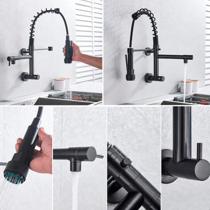 Imagem de Torneira Cozinha Parede Preta Gourmet Black Fosco 45cm Cor Preto Duplo Comando Mola Flexível