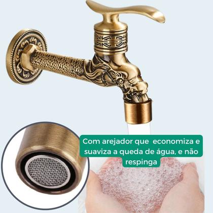 Imagem de Torneira de Banheiro Lavabo Jardim Lavaderia de Parede em Metal Latão Cor Bronze - Modelo Drago Dragão