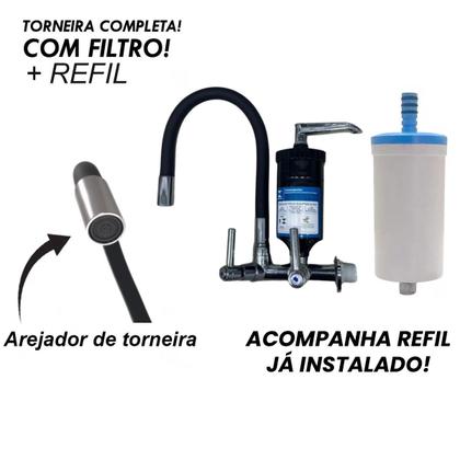 Imagem de Torneira de Cozinha com Filtro Gourmet de Parede Tubo Flexível De Um Quarto de Volta Em Abs Preta com Arejador e Refil Incluso