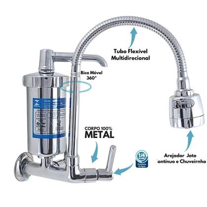 Imagem de Torneira de Cozinha com Filtro Parede Metal Tubo Gourmet Flexível 02 Jatos 1/4v.