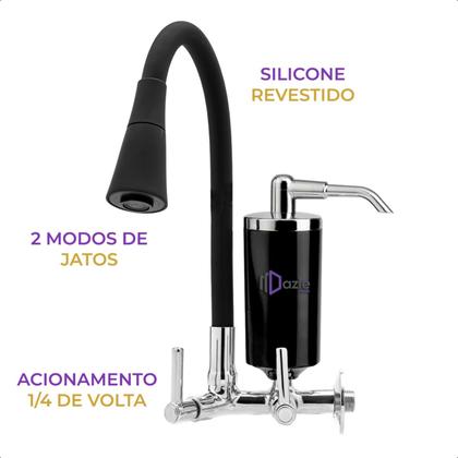 Imagem de Torneira de Cozinha com Filtro Preto Bica Móvel Flexível Emborrachada Cone Chuveirinho Parede Metal