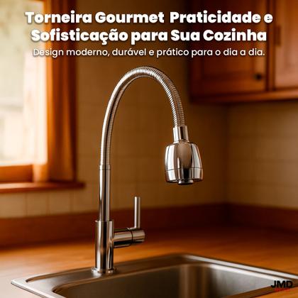Imagem de Torneira de Cozinha de Bancada com Sistema de Jato Duplo e Acabamento Cromado Brilhante