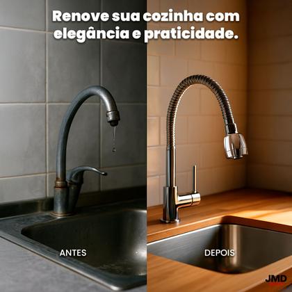 Imagem de Torneira de Cozinha de Bancada com Sistema de Jato Duplo e Acabamento Cromado Brilhante