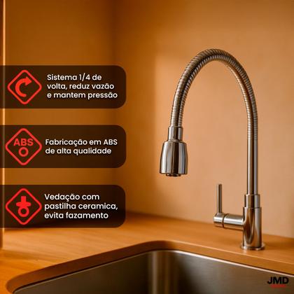 Imagem de Torneira de Cozinha de Bancada com Sistema de Jato Duplo e Acabamento Cromado Brilhante