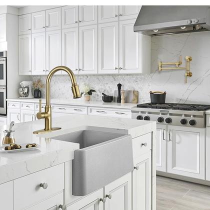 Imagem de Torneira de cozinha Lava Odoro Curtura Brushed Gold com pulverizador