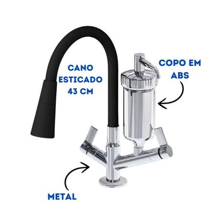 Imagem de Torneira De Cozinha Metal De Mesa Com Filtro e Cano Flexível Preto 2 Jatos Veneza