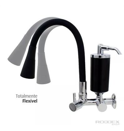 Imagem de Torneira De Cozinha Preto Gourmet de Parede Com Filtro Inox Revestida Silicone Flexível Bico Arejador Duplo Jato