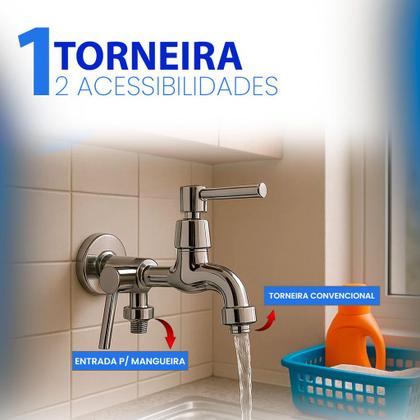 Imagem de Torneira De Parede Com Duas Saídas Ideal Para Lavanderia E Tanque 1/2 3/4