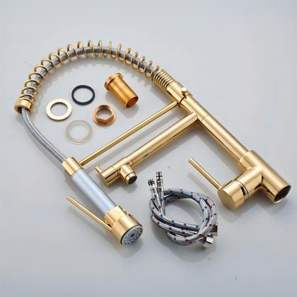 Imagem de Torneira Dourada Cozinha Gourmet Bancada Mesa Escovada com Spray Monocomando Extensiva 50cm Misturador Alta qualidade Gold Ouro