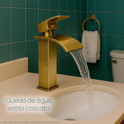 Imagem de Torneira Dourada Escovada Bica Baixa Banheiro Inox 304 Quadrada Cascata Misturador Monocomando Quente Frio Lavabo