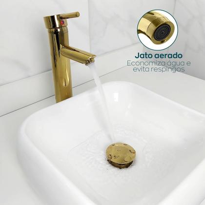 Imagem de Torneira Dourada Pia Banheiro Bica Alta E Valvula Click 1¼ Inox Kit Lavabo Gold Luxo Torneira Monocomando Misturador Ralo Escoamento 30mm
