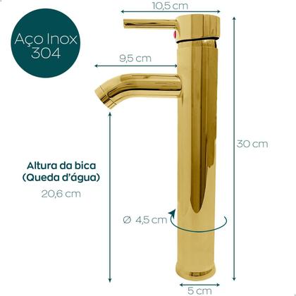 Imagem de Torneira Dourada Pia Banheiro Bica Alta E Valvula Click 1¼ Inox Kit Lavabo Gold Luxo Torneira Monocomando Misturador Ralo Escoamento 30mm
