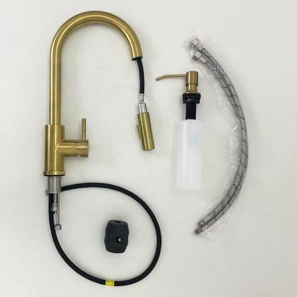 Imagem de Torneira Dourada Pia Cozinha Escovada E Dispenser Dosador Detergente 350ml Kit Cozinha Inox 304 Porta Detergente De Embutir Gourmet Monocomando