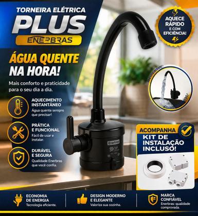 Imagem de Torneira Elétrica Enerbras Plus Preta 5500W 220v 4T Acetinado Instalação Parede Brinde Kit de Instalação