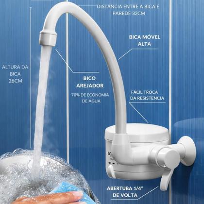 Imagem de Torneira Elétrica Loren Easy 4800W 127V Parede Branca  Água Quente Instantânea para Cozinha