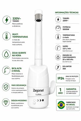 Imagem de Torneira Elétrica Zagonel Luna 220V de Parede Multitemperaturas para Cozinha