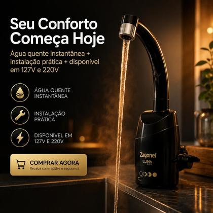 Imagem de Torneira Elétrica Zagonel Luna 4T Preta 127v ou 220v 5500w de Parede com Bica Giratória 360 Cozinha