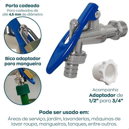 Imagem de Torneira Esfera De Jardim Com Trava de Cadeado Registro 1/4 Volta Saída 3/4 Com Bico Mangueira 1/2