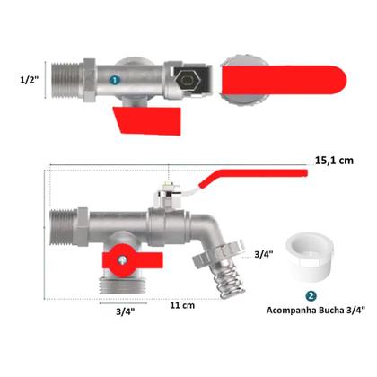Imagem de Torneira Esfera Tanque Máquina Lavar Jardim Metal 2 Saídas