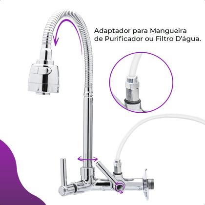 Imagem de Torneira Gourmet Com Saida para Filtro Purificador Bica Flexível Inox Chuveirinho Cozinha Parede