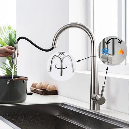 Imagem de Torneira Gourmet Cozinha Bancada Pia Bica Alta Bico de Puxar Extensível Flexível Monocomando Misturador Água Quente e Fria Cromado