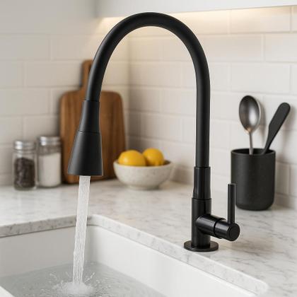 Imagem de Torneira Gourmet Cozinha Mesa Bancada Pia Flexível 2 Jatos Preta ABS