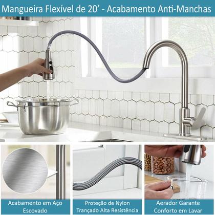 Imagem de Torneira Gourmet Cozinha Monocomando Extensível de Bancada Pia Pull Down Escovado Misturador 2 Modos Jato Chuveiro