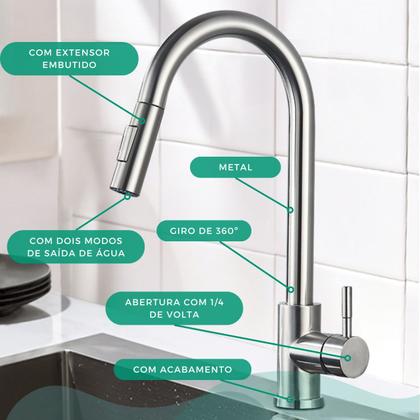 Imagem de Torneira Gourmet de Bancada Alta Aço Inox Com Bico Extensor Água Quente Fria Cromada Fosca Luxo