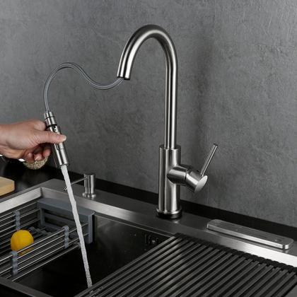 Imagem de Torneira Gourmet de Bancada Alta Aço Inox Com Bico Extensor Água Quente Fria Cromada Fosca Luxo