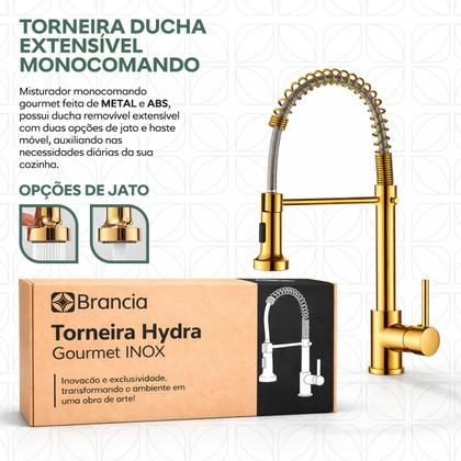 Imagem de Torneira Gourmet Dourada Bancada com Ducha Extensível Flexível 2 Jatos Misturador Monocomando Luxo para Cozinha