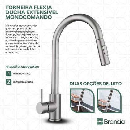 Imagem de Torneira Gourmet Extensível Cozinha Flexia Monocomando Inox 304 Ducha Luxo Misturador Escovado Bancada Com Garantia