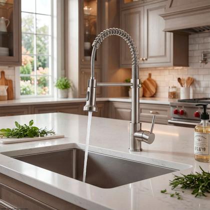 Imagem de Torneira Gourmet Monocomando Cozinha Bancada Mola Spring Ducha Bica Giratória 360 Prateada Aço Inox Gafer