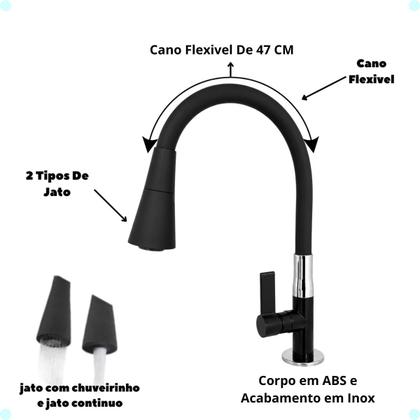Imagem de Torneira Gourmet para Cozinha Abs com Cano Flexível Dois Jatos Base Bancada Mesa Pia Cone Luxo Preta