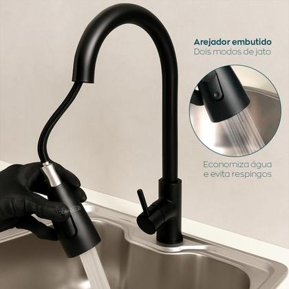 Imagem de Torneira Gourmet Pia Cozinha Preto Fosco Inox 304 Quente Fria Misturador Monocomando De Mesa Arejador Extensível Flexível Bica Alta Bancada Cuba Black