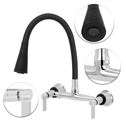 Imagem de Torneira Misturador Gourmet de Parede para Cozinha Bica Flexível Conic Black