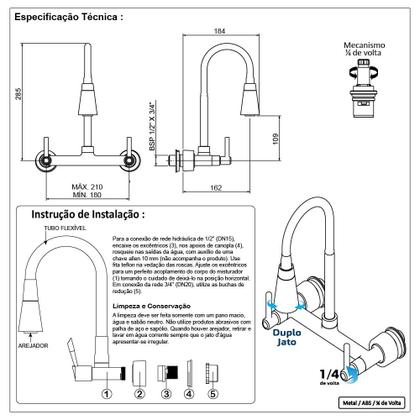 Imagem de Torneira Misturador Tubo Conico Flexível Cozinha Parede 2 Jatos Metal Luxo