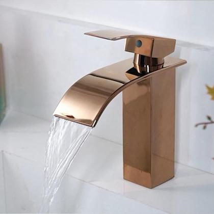 Imagem de Torneira Monocomando Cascata Rose Gold Luxo para Banheiro em Metal Misturador de Mesa com Design Moderno para Lavatório e Cuba