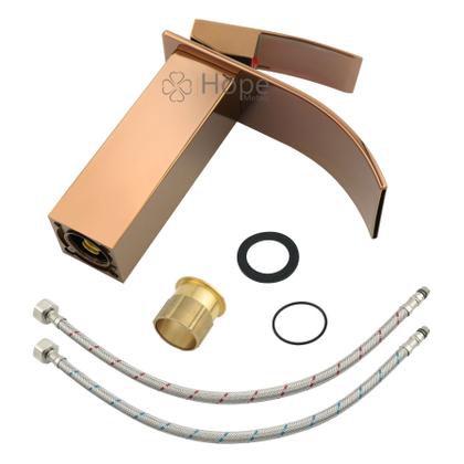 Imagem de Torneira Monocomando Cascata Rose Gold Luxo para Banheiro em Metal Misturador de Mesa com Design Moderno para Lavatório e Cuba