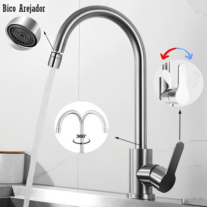 Imagem de Torneira Monocomando Giratória para Cozinha Gourmet Bancada Banheiro Bica Alta Pia Bancada Bico Aerador Misturador Modelo Escovada Inox Kit Instalação