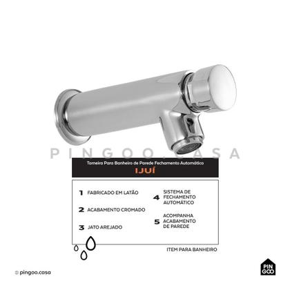 Imagem de Torneira Para Banheiro de Parede Fechamento Automático Ijuí Pingoo.casa - Prata Cromado