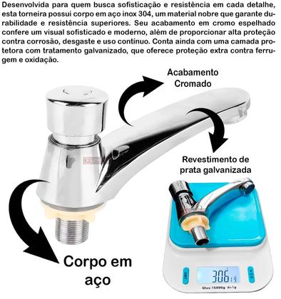 Imagem de Torneira para banheiro Robusta Luxo Inox Com arejador Pressmatic Temporizada Automática Lavabo Pia Cuba Cromada