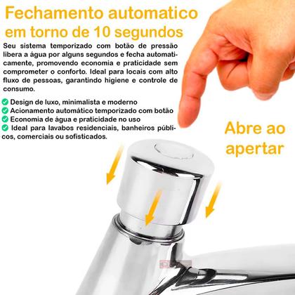 Imagem de Torneira para banheiro Robusta Luxo Inox Com arejador Pressmatic Temporizada Automática Lavabo Pia Cuba Cromada