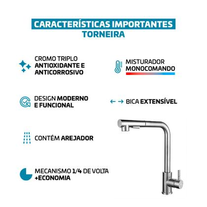 Imagem de Torneira Para Cozinha De Mesa Gourmet Monocomando Quente Frio Bica Móvel 1/4 De Volta Aço Inox Cromada Beltempo