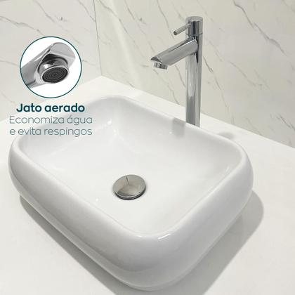 Imagem de Torneira Pia Banheiro Bica Alta Cromada ¼ De Volta E Valvula Click 1 ¼ Inox Kit Banheiro Torneira Fria e Ralo Pia Escoamento 40mm Cuba De Apoio So