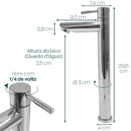 Imagem de Torneira Pia Banheiro Bica Alta Cromada ¼ De Volta E Valvula Click 1 ¼ Inox Kit Banheiro Torneira Fria e Ralo Pia Escoamento 40mm Cuba De Apoio So