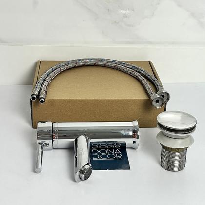 Imagem de Torneira Pia Banheiro Bica Baixa Cromada E Valvula Click 1¼ Inox Kit Banheiro Torneira Monocomando Misturador e Ralo Pia Escoamento 40mm Lavatorio
